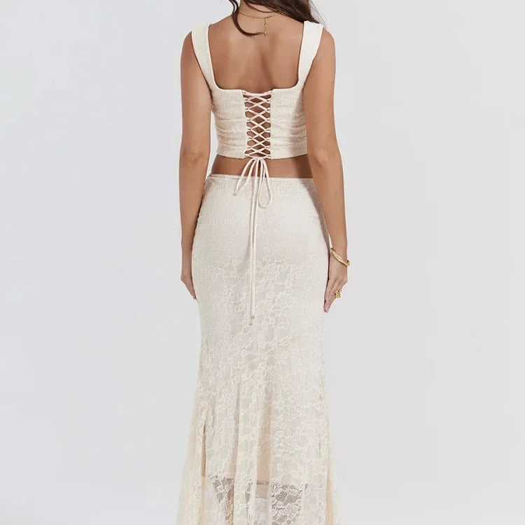 Suninheart Elegant Women 2 Piece Dress Set 2023 Maxi Wedding Guest Dress Lace Up Crop Top and Maxi Skirt Set Formal Event Dress