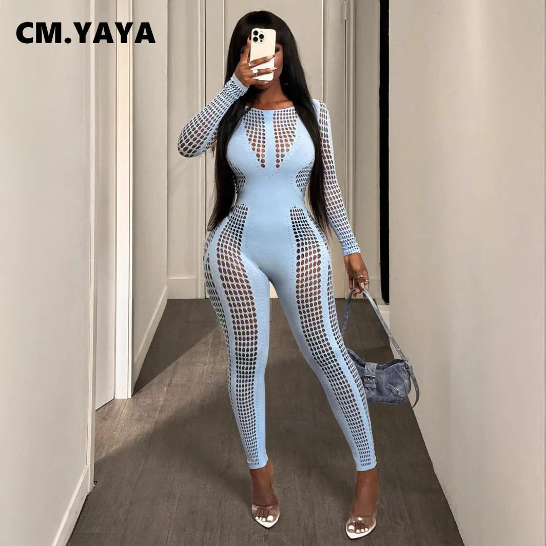 CM.YAYA 2025 O-neck Full Sleeve Women Mesh Hollow Out Jumpsuits Casual Night Club Sexystreet Sexy Perspective Outfits Rompers