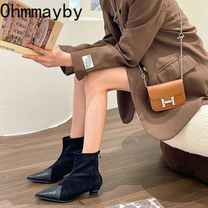 Spring Autumn Women's Ankle Boots Fashion Pointed Toe Short Botas Ladies Elegant Low Heel Shoes Winter Women's Pumps