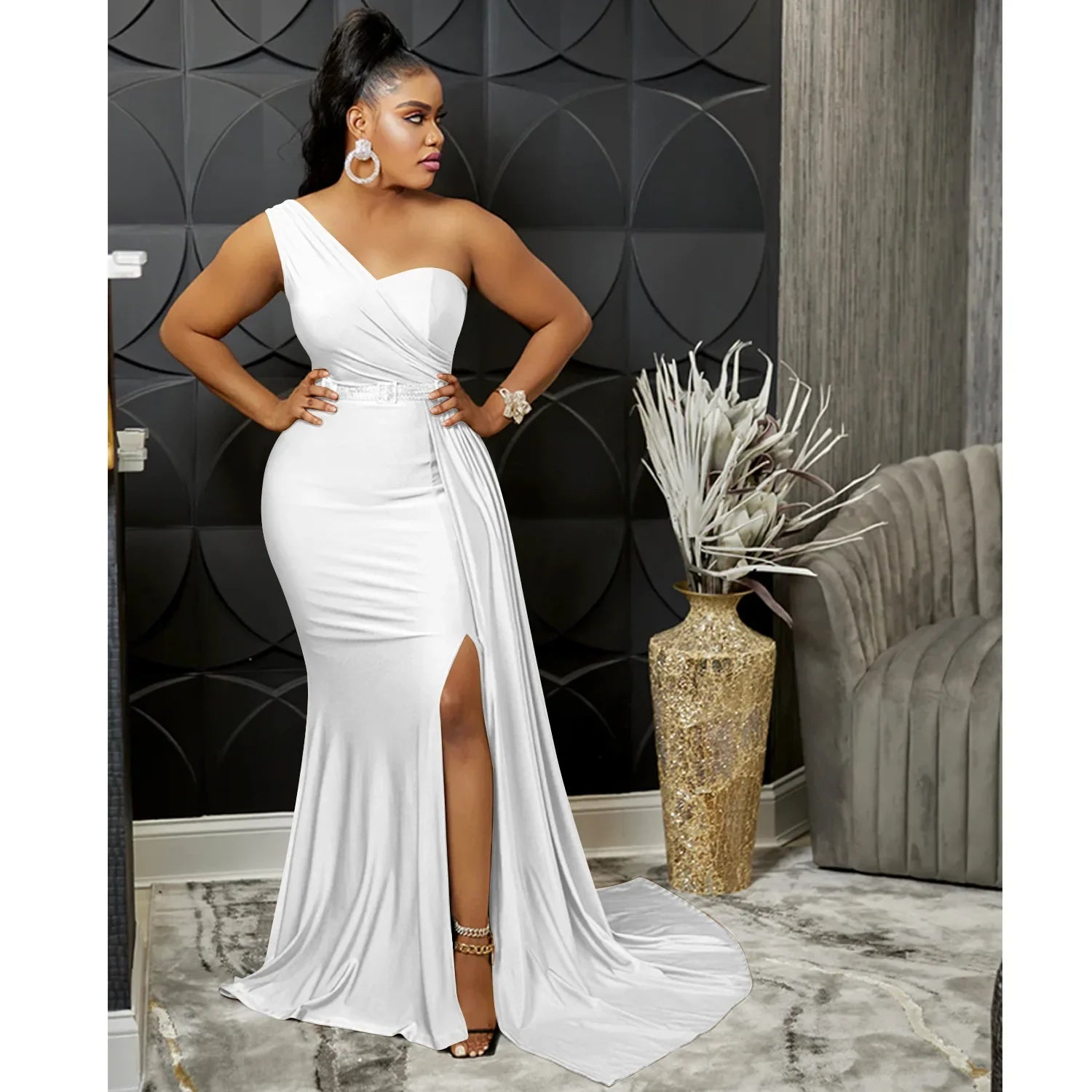 CM.YAYA One Shoulder Skew Neck Tassel Side Floor Length Mermaid Long Maxi Dress Women 2022 Sexy Party Club Even Prom Dresses