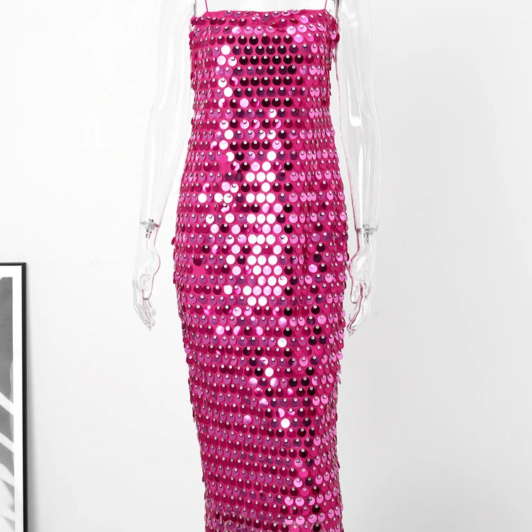 Sequined Tube Top Strap Dress Women Sexy Sleeveless Slim Solid Straight Long Vestidos Fashion Backless Slip Split Evening Robe