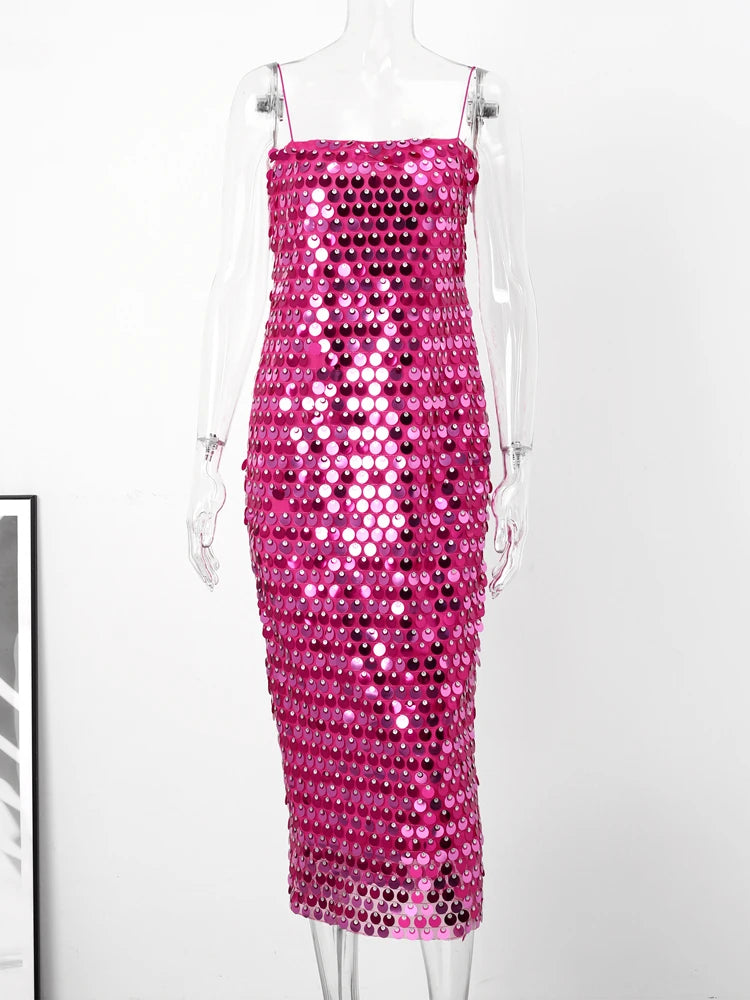 Sequined Tube Top Strap Dress Women Sexy Sleeveless Slim Solid Straight Long Vestidos Fashion Backless Slip Split Evening Robe