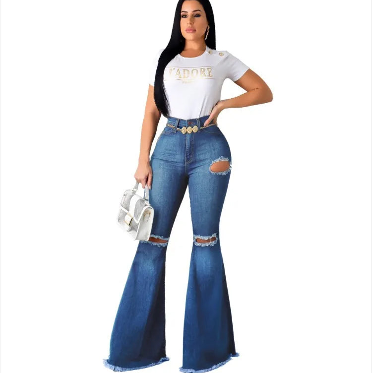 Plus Size Blue Washed Flare Denim Mom Jeans for Women Winter Spring Clothes Skinny Side Stripe High Waisted Sequined Pant Y2K 2093 dark blue
