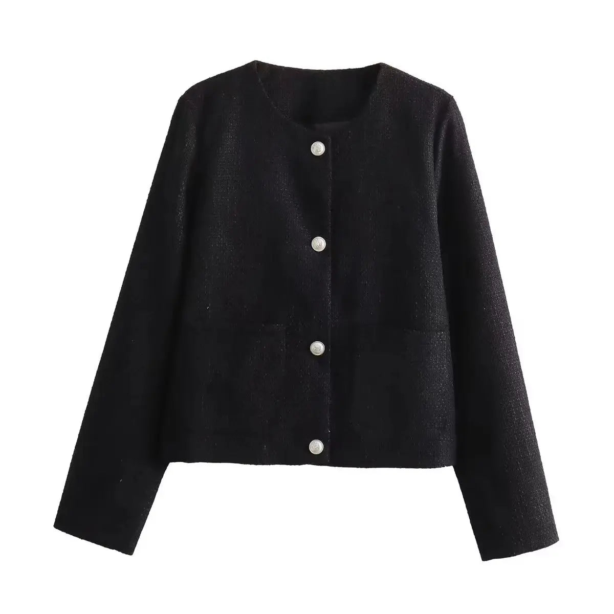 Short Tweed Coat Women Autumn Fashion Elegant O-neck Long Sleeve Botton Frayed Pockets Jackets Female Outwear Office Lady Coats black 2
