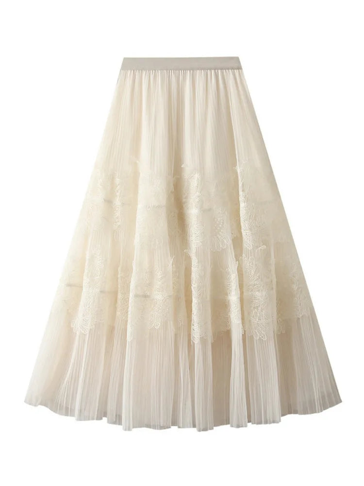UCXQ New Products Sweet Cake Spliced Skirt Lace Pleated Mesh Large Hem A-line Skirts For Women New Spring Autumn 23A7001