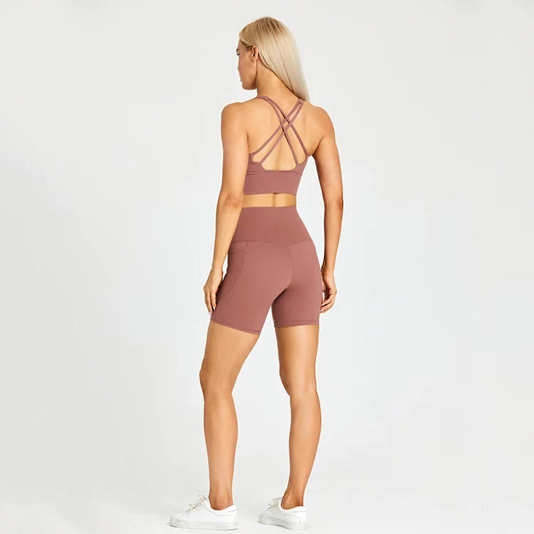 ABS LOLI Pockets Yoga Shorts Set Women Fitness Suit 2 Piece Sports Gym Wear Workout Clothes Running Sportswear Sport Outfit coal bamboo