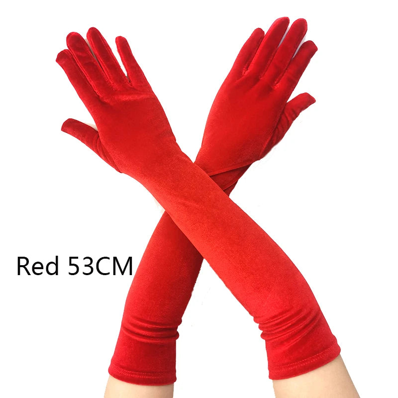 53CM Women Golden Velvet Long Autumn Winter Warm Black Evening Dress Etiquette Gloves Retro Style Banquet Accessories Elasticity red 53cm One Size