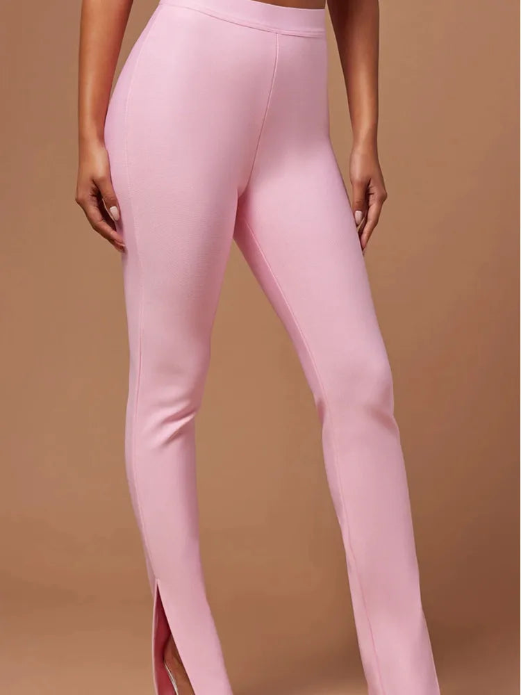 Women Luxury Sexy Mesh Crystal Beading Pink Two Piece Pants Bandage Set 2023 Celebrity Designer Fashion Women's Set