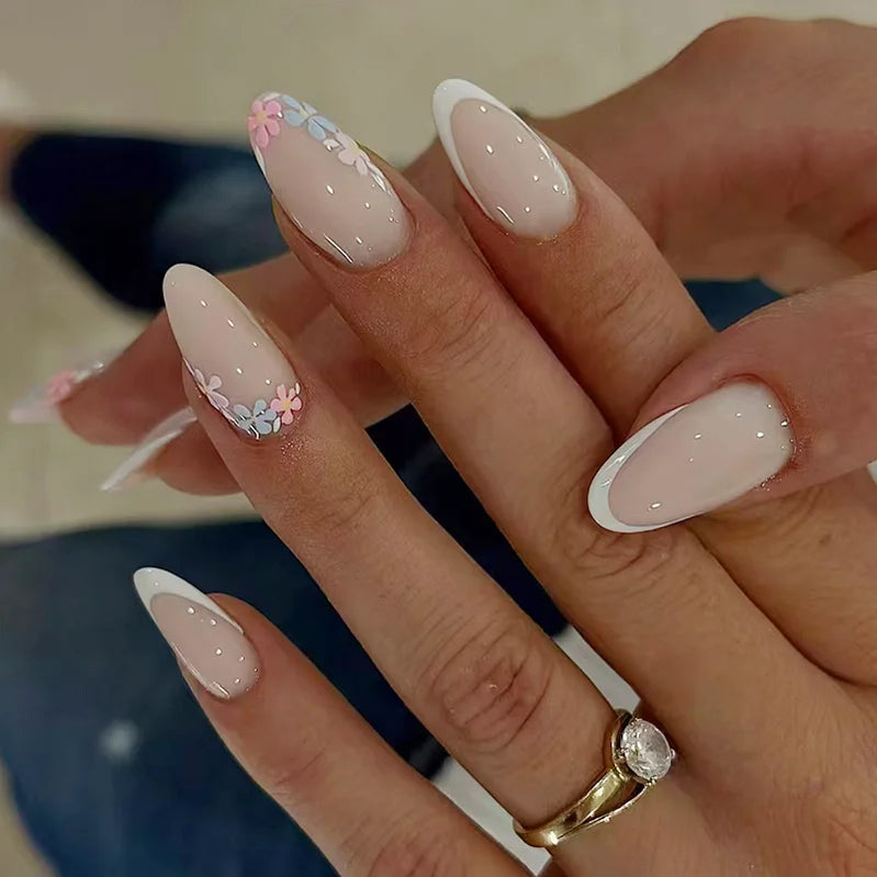 24Pcs Frosted Nude Color False Nails Press on Long Almond Round Head Nails Set with Cute Flowers Design Detachable Fake Nail Tip