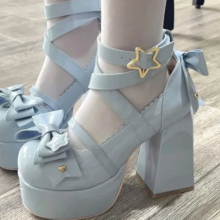 Sweet Vintage Mary Janes Shoes Women Star Buckle Lolita Kawaii Platform Shoes Female Bow-knot Cute Designer Shoes 2023 Summer SKY BLUE