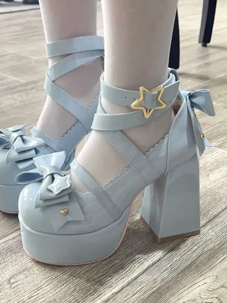 Sweet Vintage Mary Janes Shoes Women Star Buckle Lolita Kawaii Platform Shoes Female Bow-knot Cute Designer Shoes 2023 Summer SKY BLUE