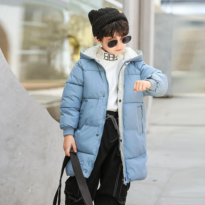 4-10 Years Boys Long Down Jackets Winter Kids Girls Thick Warm Hooded Outerwear Children Waistcoat Coat Fashion Casual Clothing