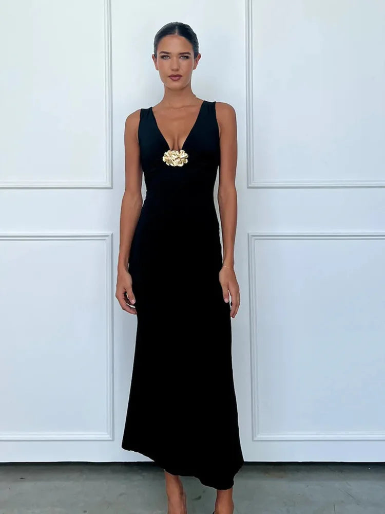 Elegant Deep V Neck Front Gold Clasp Sexy Maxi Dress For Women Black Gown Sleeveless Slim Fit Long Tank Dress Elegant
