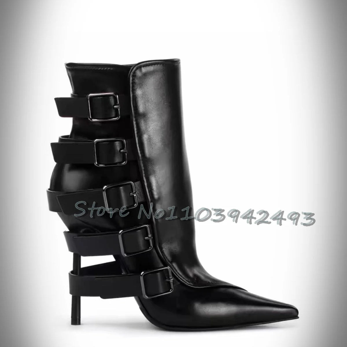 Stylish Brown Strappy Boots Pointed Toe High Heels Mid-calf Chunky Heel Fashion Women's Shoes Black Chic Buckle Outer 2025 New