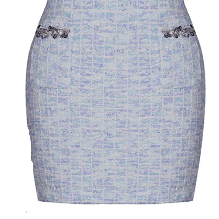 Two Piece Sets for Women Round Neck Long Sleeves Spliced Diamonds Top High Waist Patchwork Pockets Skirt Female New