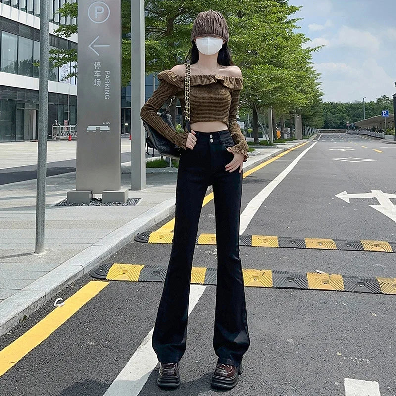 High Stretch Denim Jeans For Women's Slim Fit Wide Leg Design Sexy Long Female Boot Cut Pants