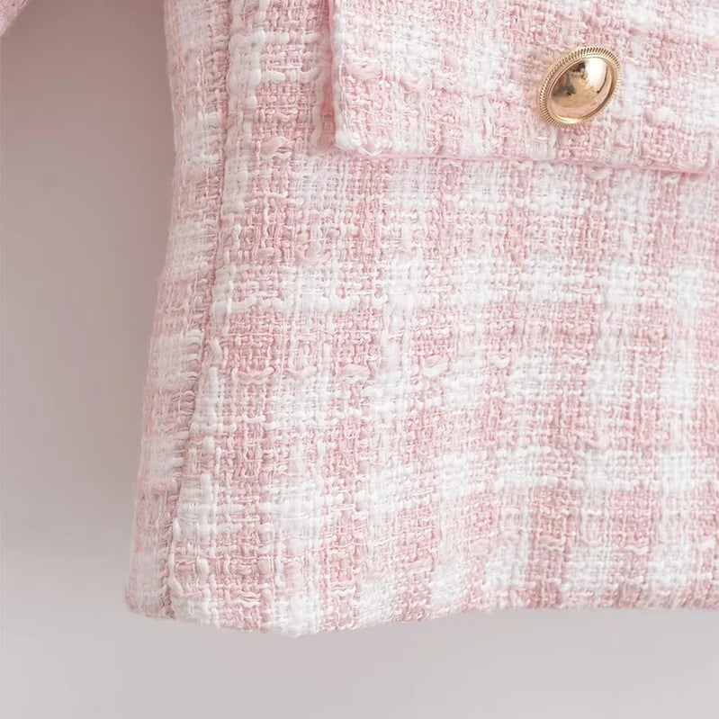 Women's Jacket Autumn Vintage Tweed Blazers Coats Fashion Single-breast Pink Plaid Suit Female New in Outerwears Clothing Top