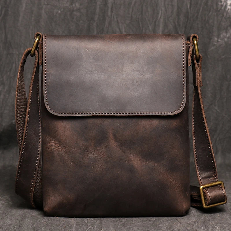 Leather Daily Casual Shoulder Bag for Men Small Dark Brown Vintage Messenger Bag Men's New Fashion Design Sling Bags Dark Brown