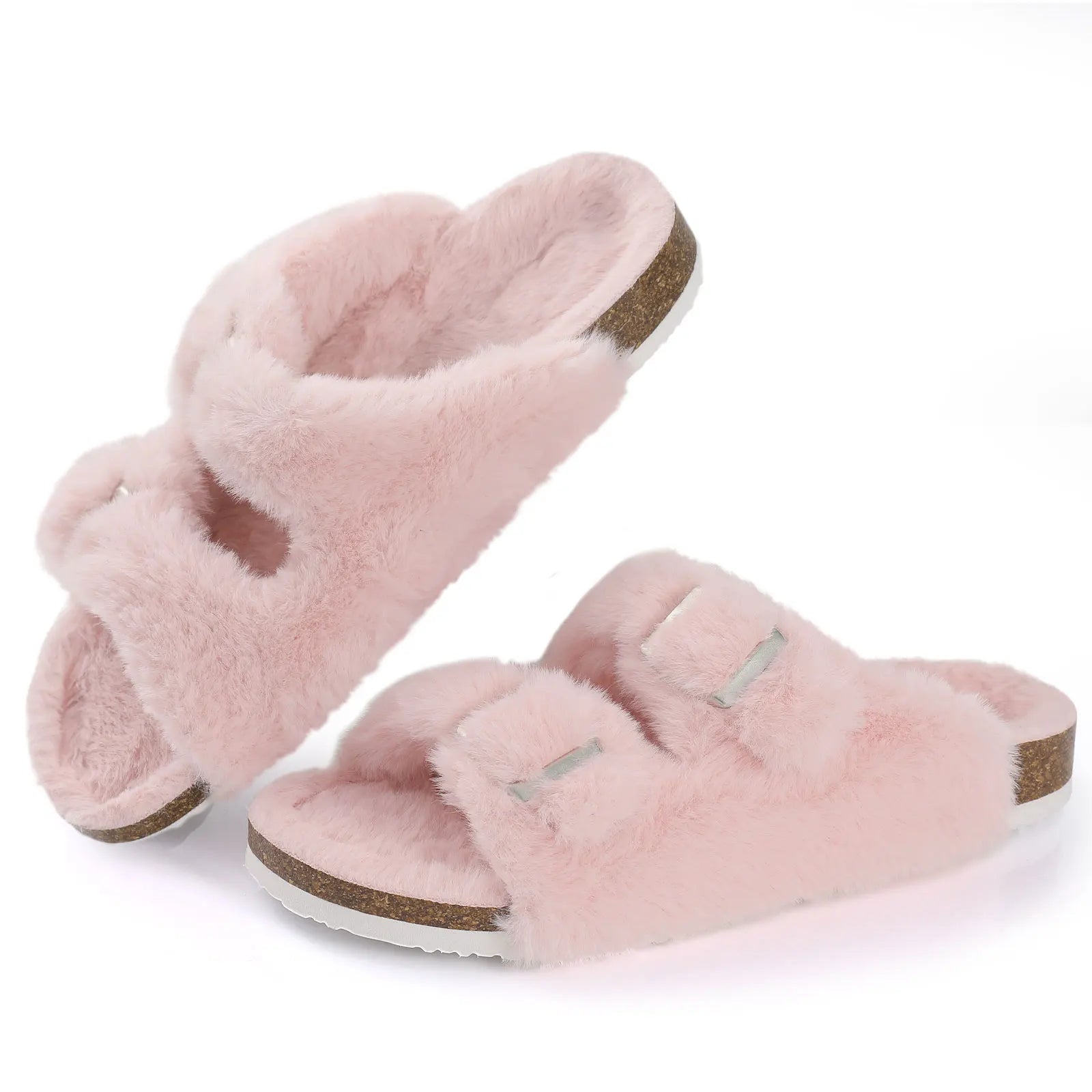 Cork Plush Flip Flops Clogs For Women Slippers Winter Furry Fluffy House Slippers With Arch Support Fuzzy Fur Flip Flops Pink