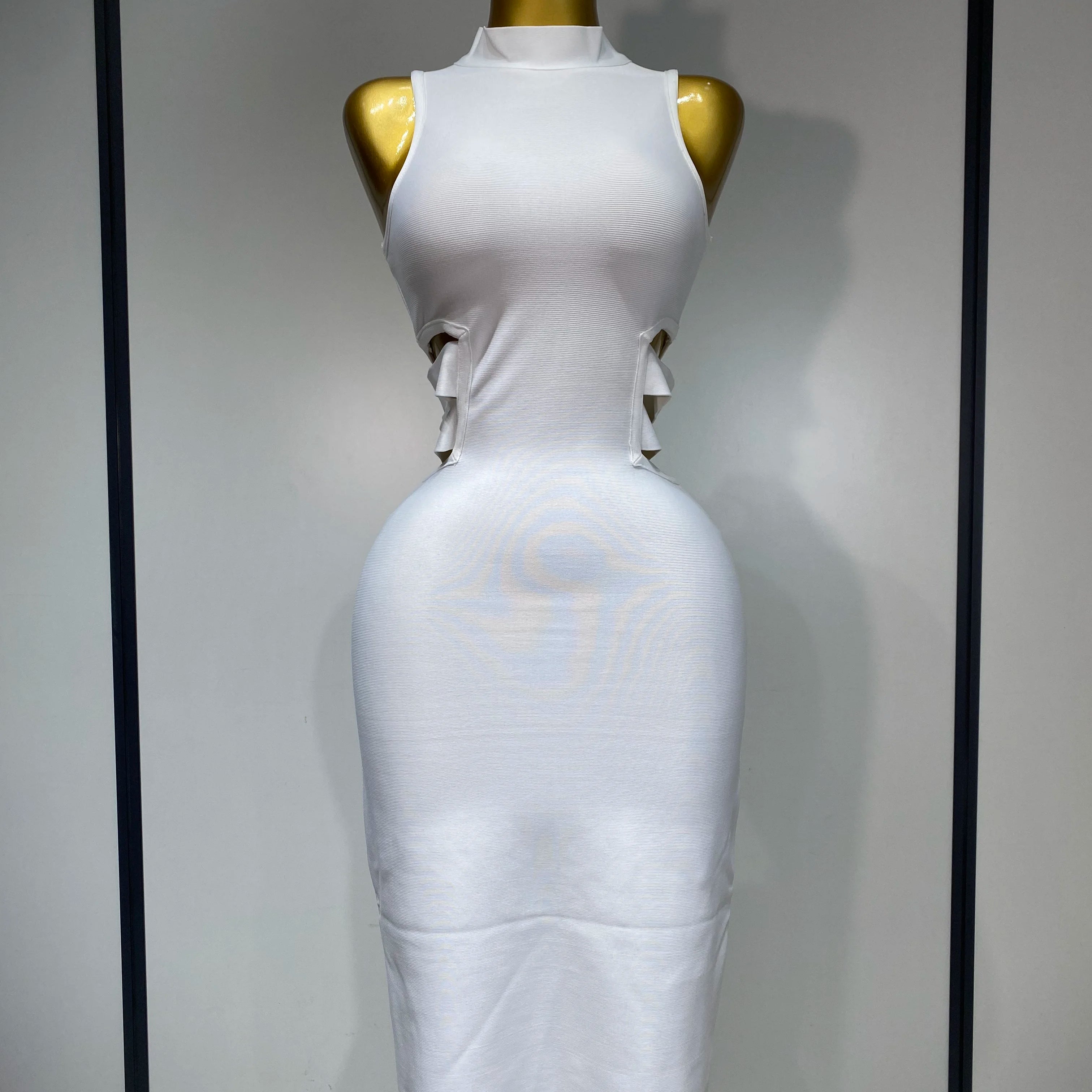 Women Sexy Turtleneck White Cut Out Midi Bodycon Bandage Dress 2025 White Elegant Evening Party Dress Luxury Birthday Dress
