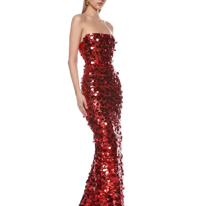 Christmas Style Women Shinning Red Sequins Strapless Bodycon Long Dress Celebrate Birthday Party Nightclub Outfit Vestido