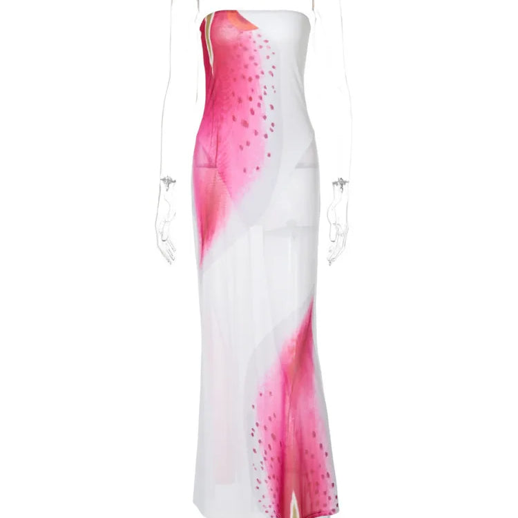 Mesh Floral Print Sexy Maxi Dress For Women Gown Off-shoulder Strapless Sleeveless Backless Bodycon Club Long Dress