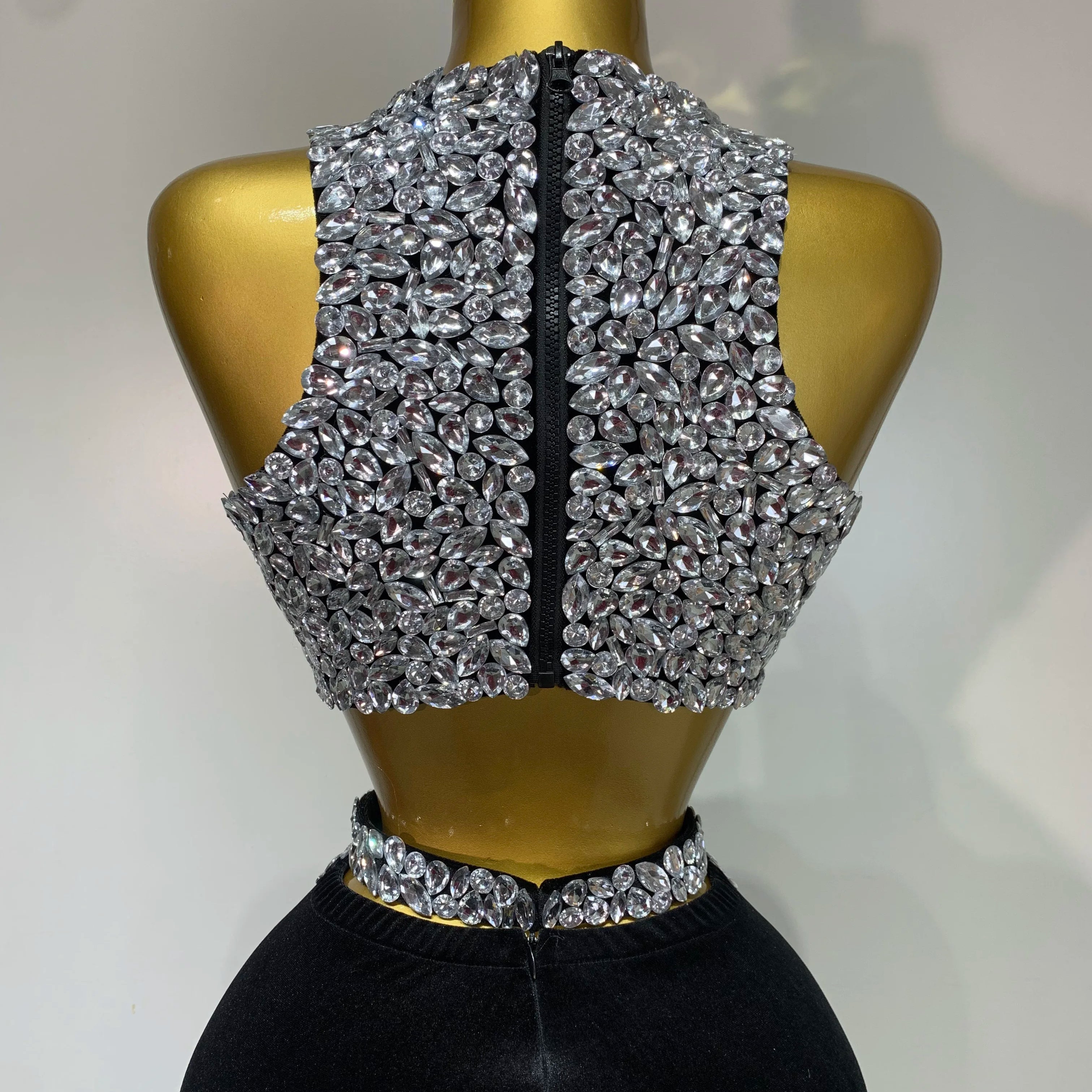 Sparkly Crystal Bodycon Long Dress 2025 Women Sexy Crop Top 2 Pieces Set Nightclub Elegant Party Performance Stage Costume