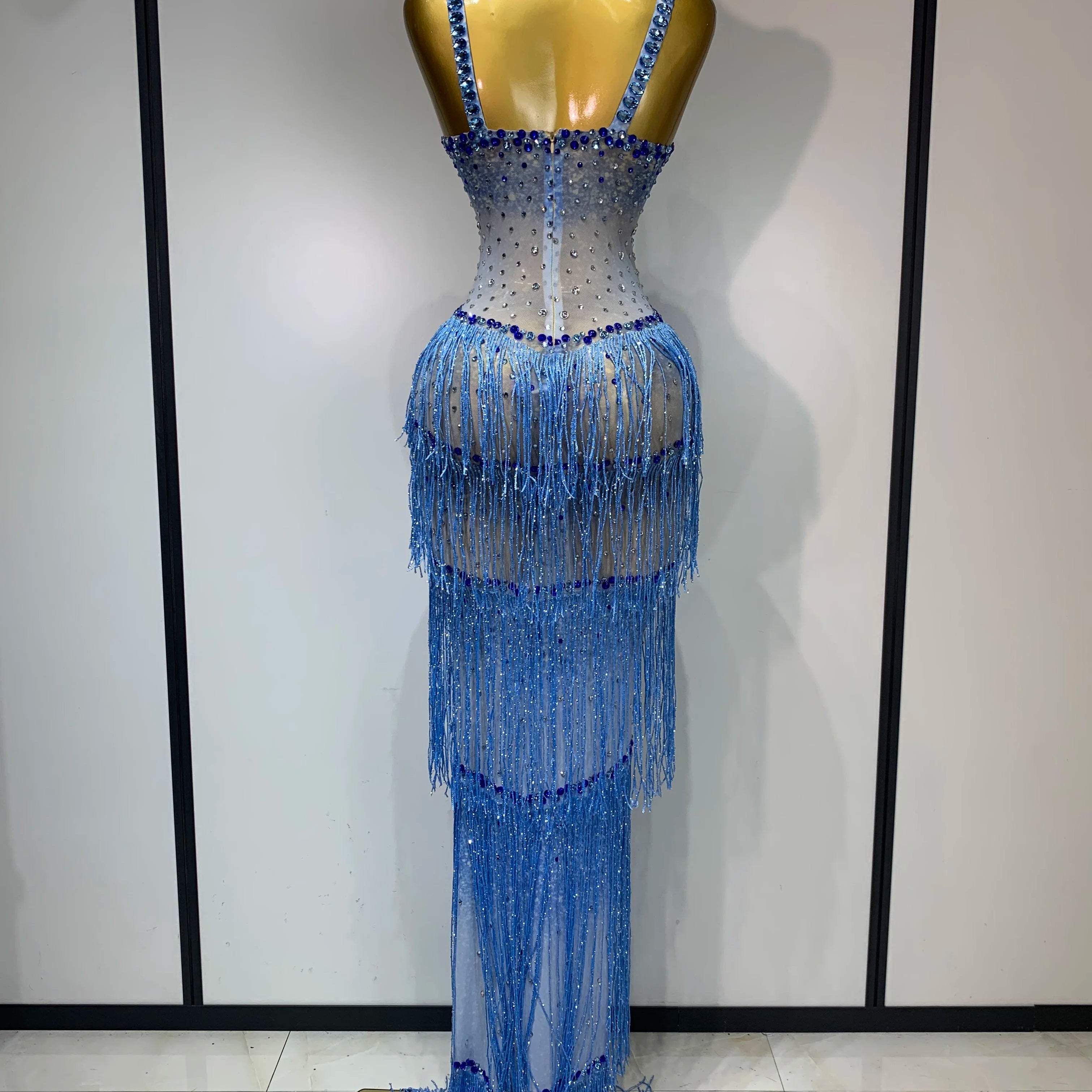 Vestido longo longo com franjas e strass brilhantes, feminino, sexy, transparente, elegante, para festa de aniversário, sessão de fotos