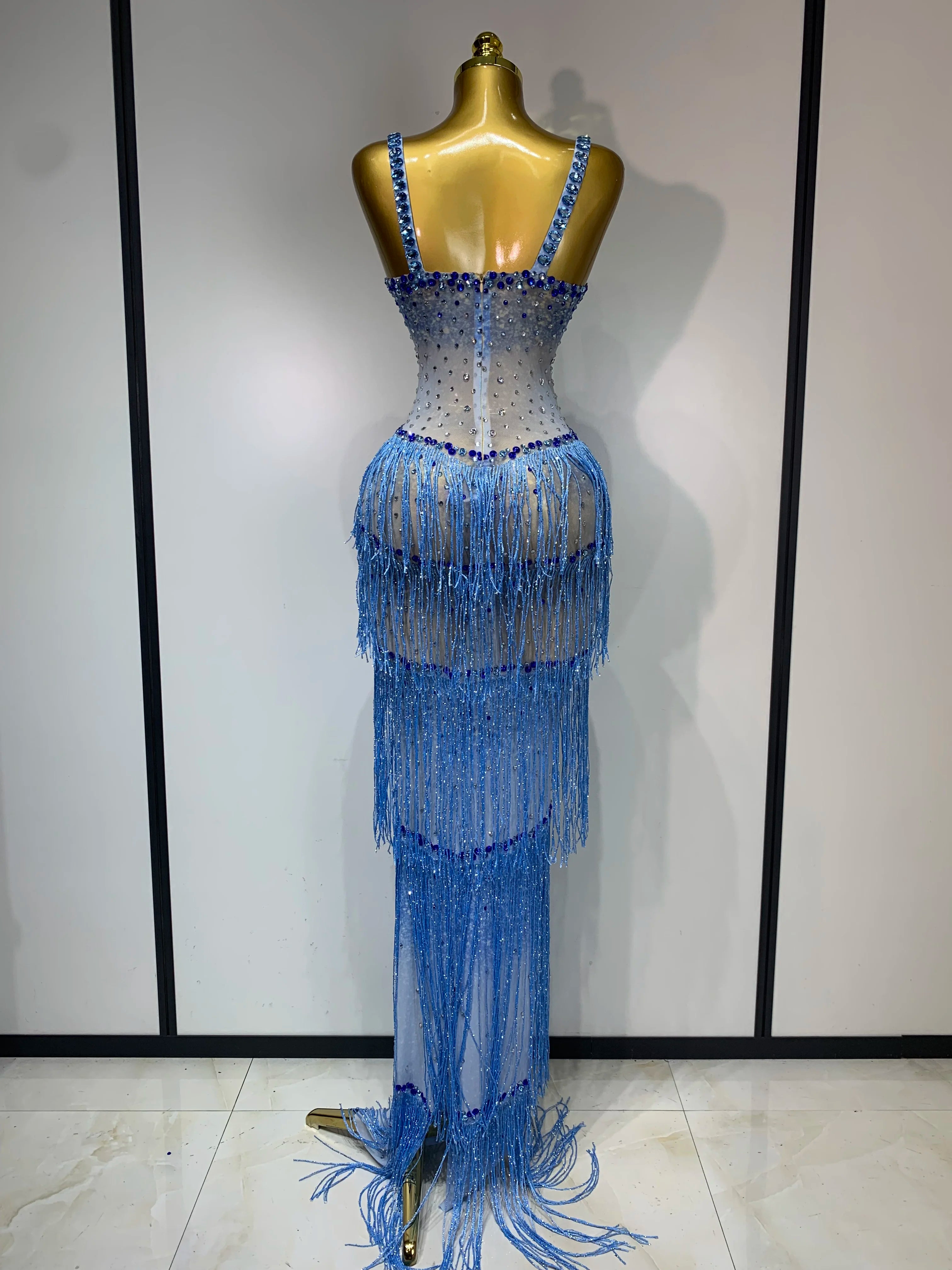 Vestido longo longo com franjas e strass brilhantes, feminino, sexy, transparente, elegante, para festa de aniversário, sessão de fotos