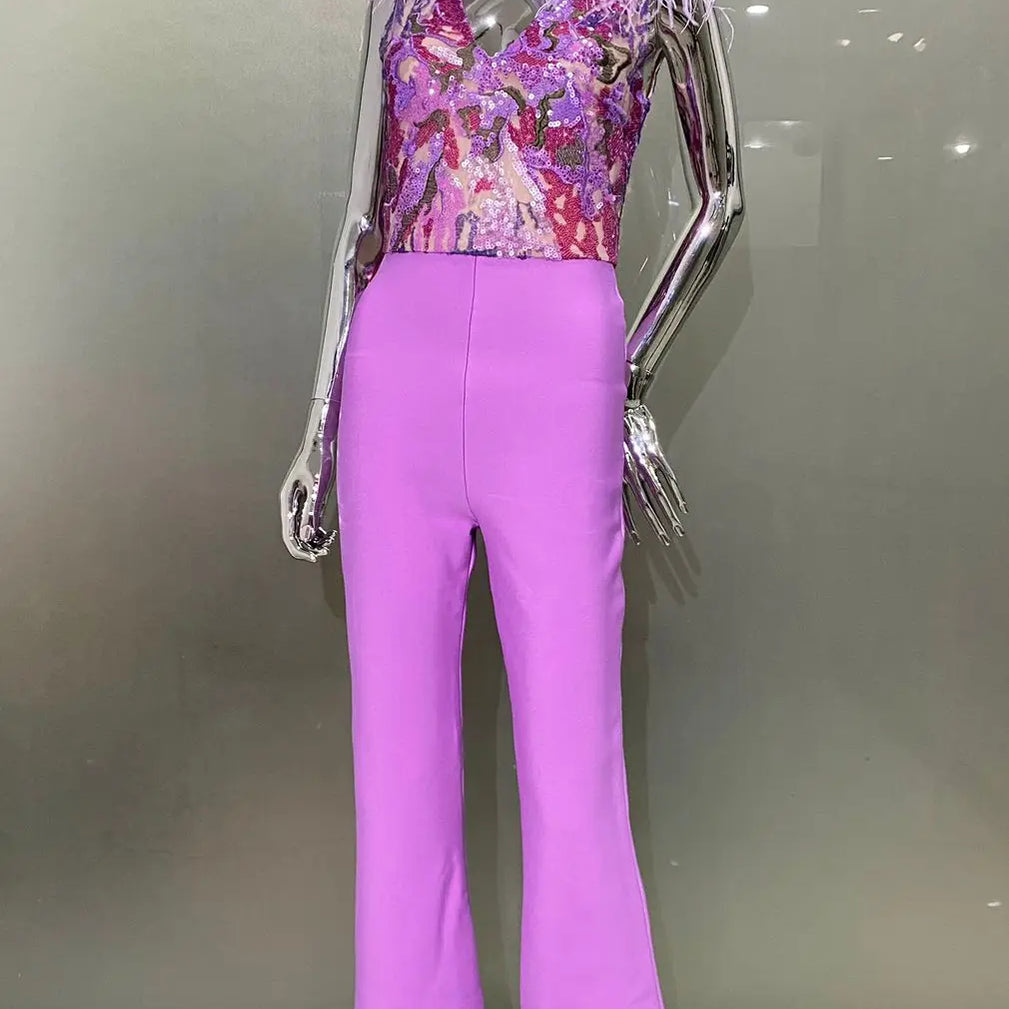High Quality Gorgeous Feathers Shining Sequins Sexy V-Neck Sleeveless Violet Jumpsuit Graceful Woman Evening Party Outfit