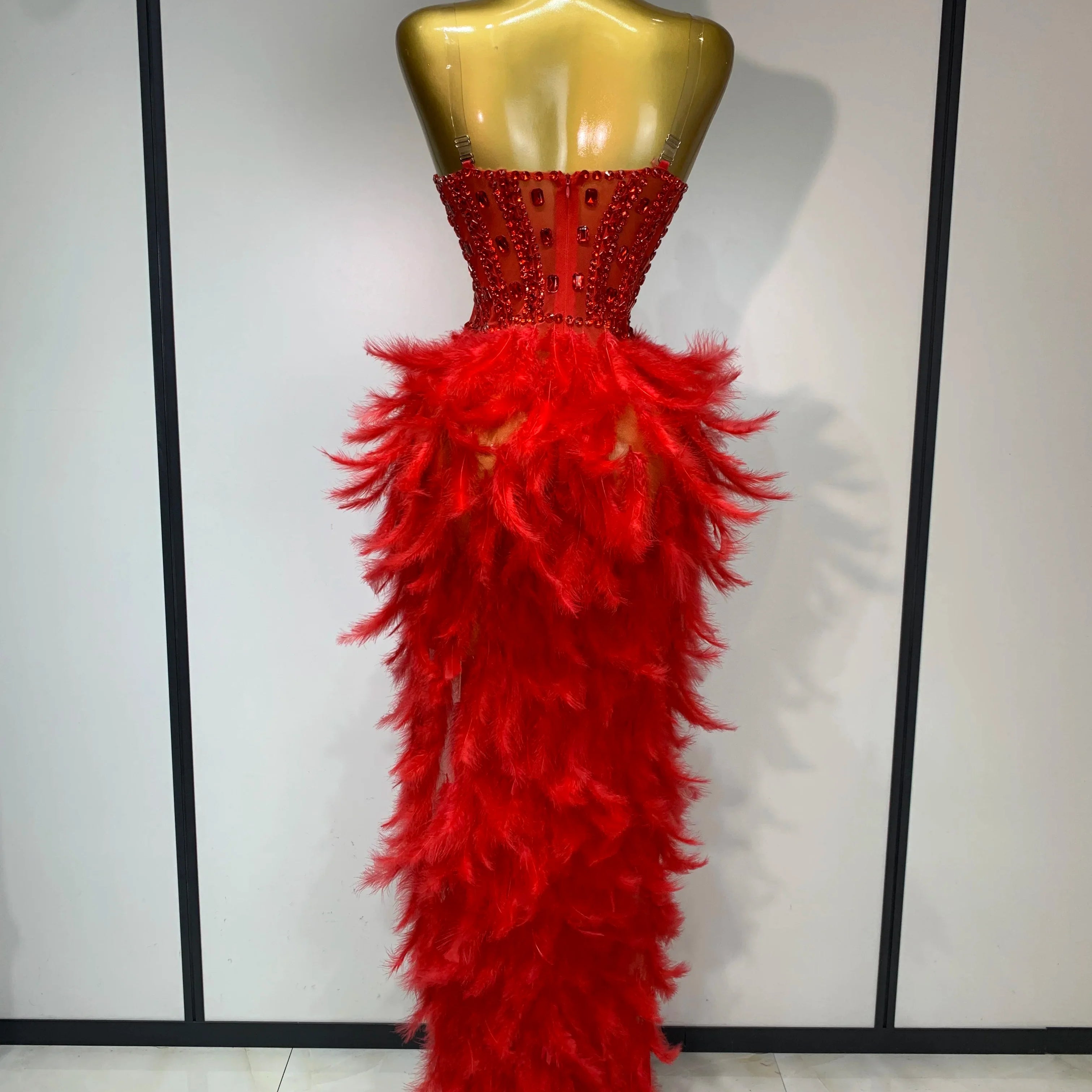 Sparkly Rhinestone Feather Mesh Long Dress Women Sexy Elegant Evening Party Luxury Birthday Photo Shoot Performance Costume