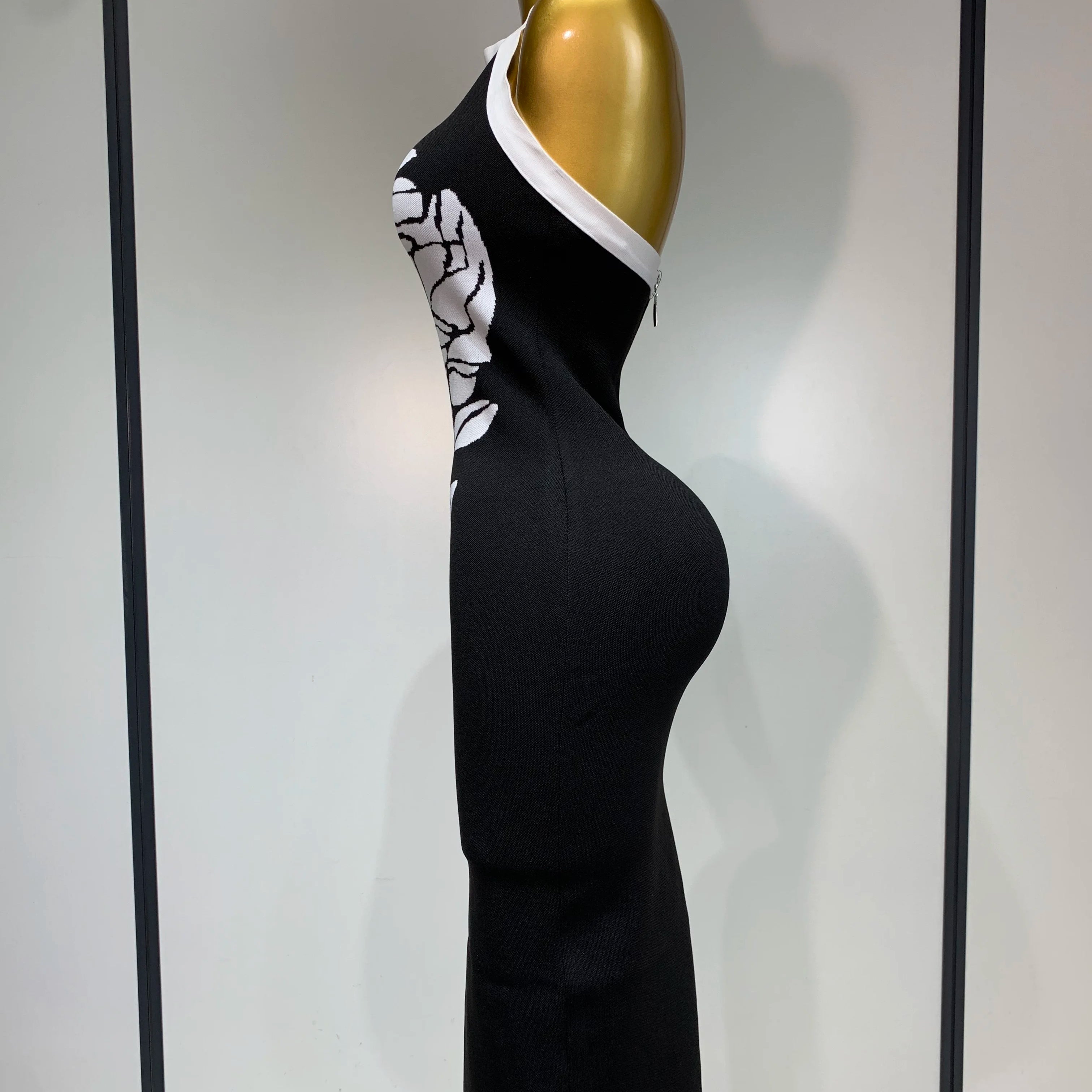 Women Fashion Celebrity Sexy Backless Rose Flower Midi Black Jacquard Bandage Dress 2025 Elegant Evening Club Party Dresses