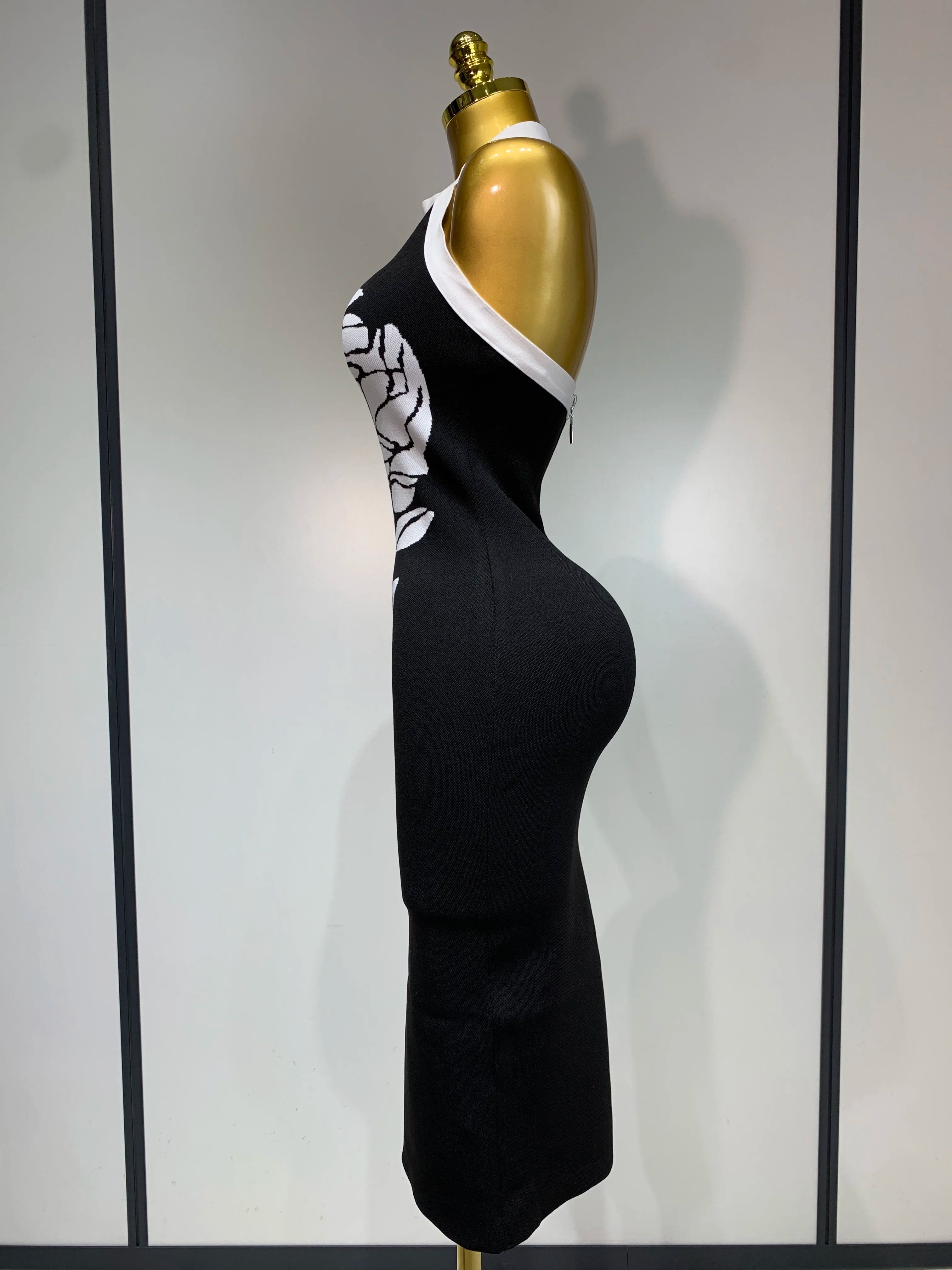 Women Fashion Celebrity Sexy Backless Rose Flower Midi Black Jacquard Bandage Dress 2025 Elegant Evening Club Party Dresses