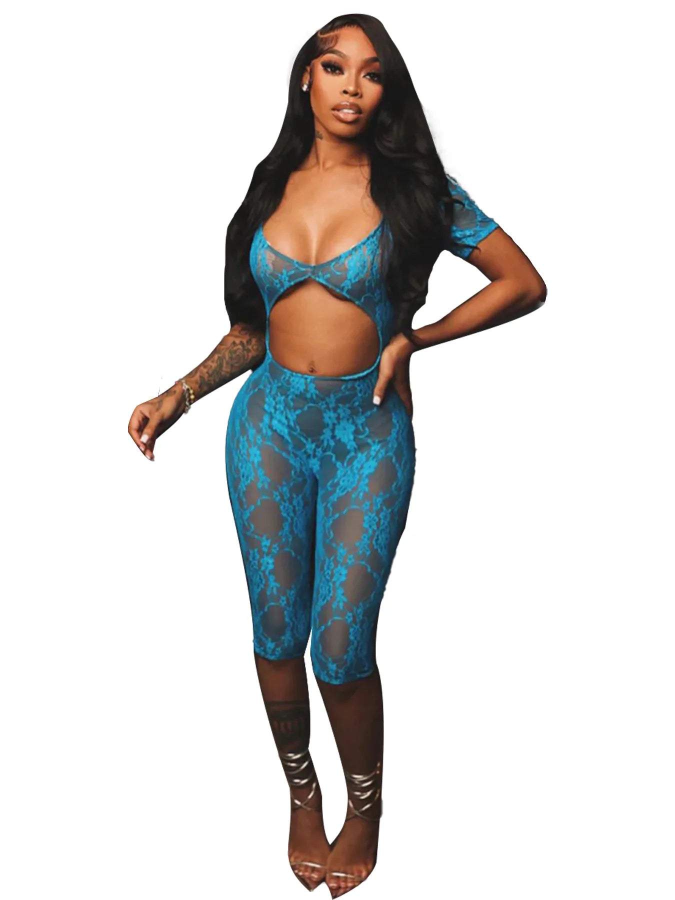 CM.YAYA 2024 Spring Short Sleeve Backless Women Lace Hollow Out Casual Rompers Playsuit Short Jumpsuits V-neck One Piece Outfits