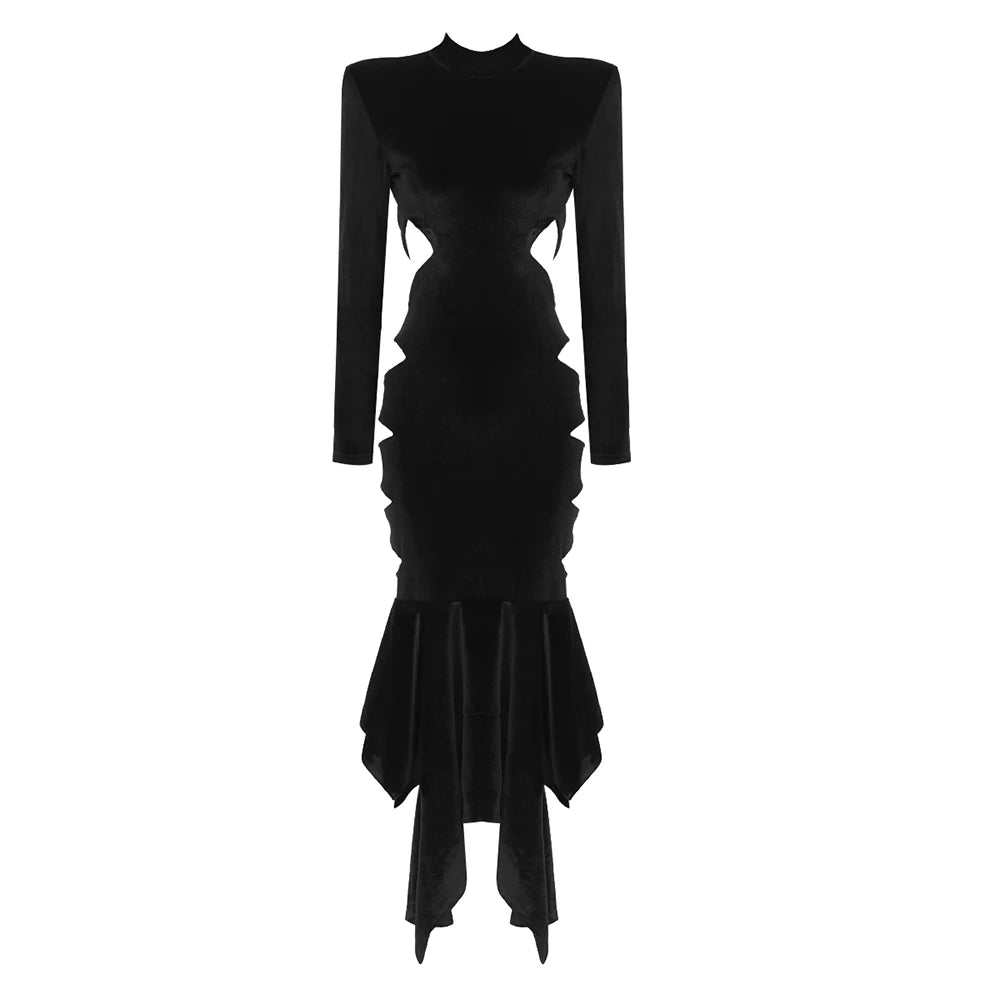 VC Hollow Out Sexy Black Dress Women Long Sleeve Fashion Ruffle Night Club Party Wear Soft Velvet Maxi Dress Vestidos
