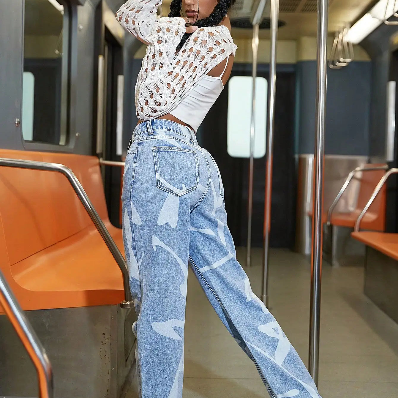 Women Fashion Street High Waist Slant Pocket Graphic Print Straight Leg Jeans Female Casual Denim Trouser