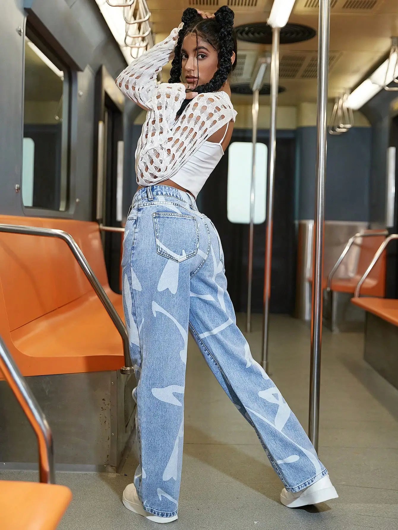 Women Fashion Street High Waist Slant Pocket Graphic Print Straight Leg Jeans Female Casual Denim Trouser