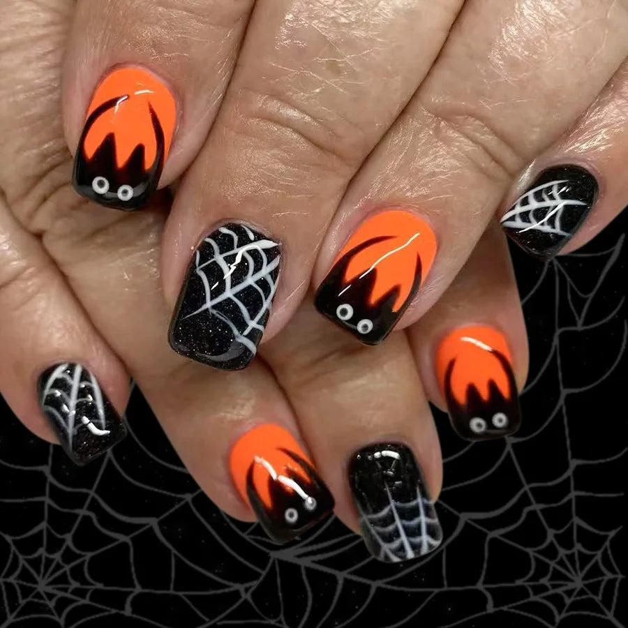 24Pcs Short Square False Nails Dark Forest Castle Design Press on Fake Nails Halloween Reusable Artificial Full Cover Nails Tips