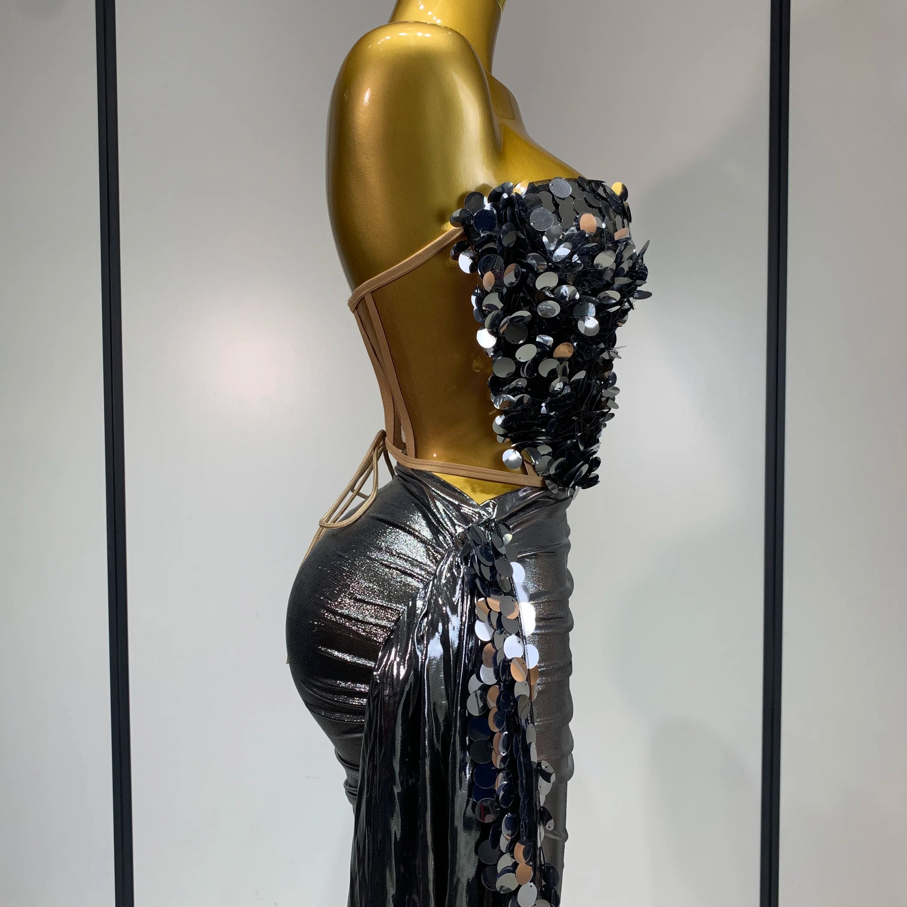 Sparkly Sequin Two Piece Set Sexy Strapless Backless Women's Outfit Evening Party Nightclub Stage Performance Dance Costume