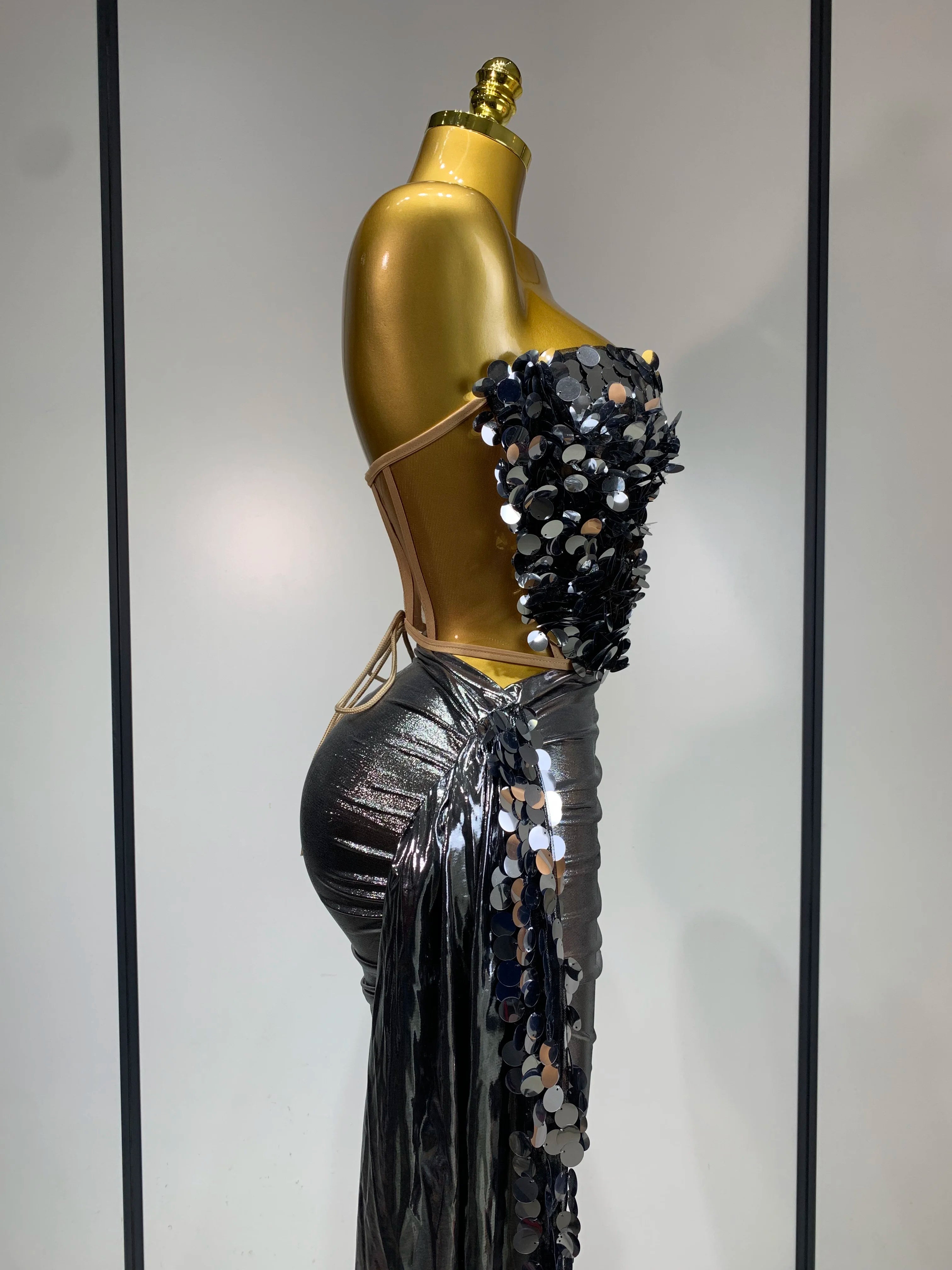 Sparkly Sequin Two Piece Set Sexy Strapless Backless Women's Outfit Evening Party Nightclub Stage Performance Dance Costume