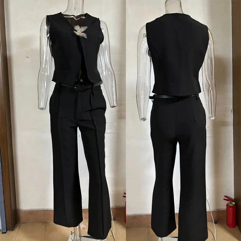 Solid Casual Vest Pants Women 2 Piece Set V-neck Sleeveless Single Breasted Vests Wide Trousers Summer Office Lady Outfit Black L