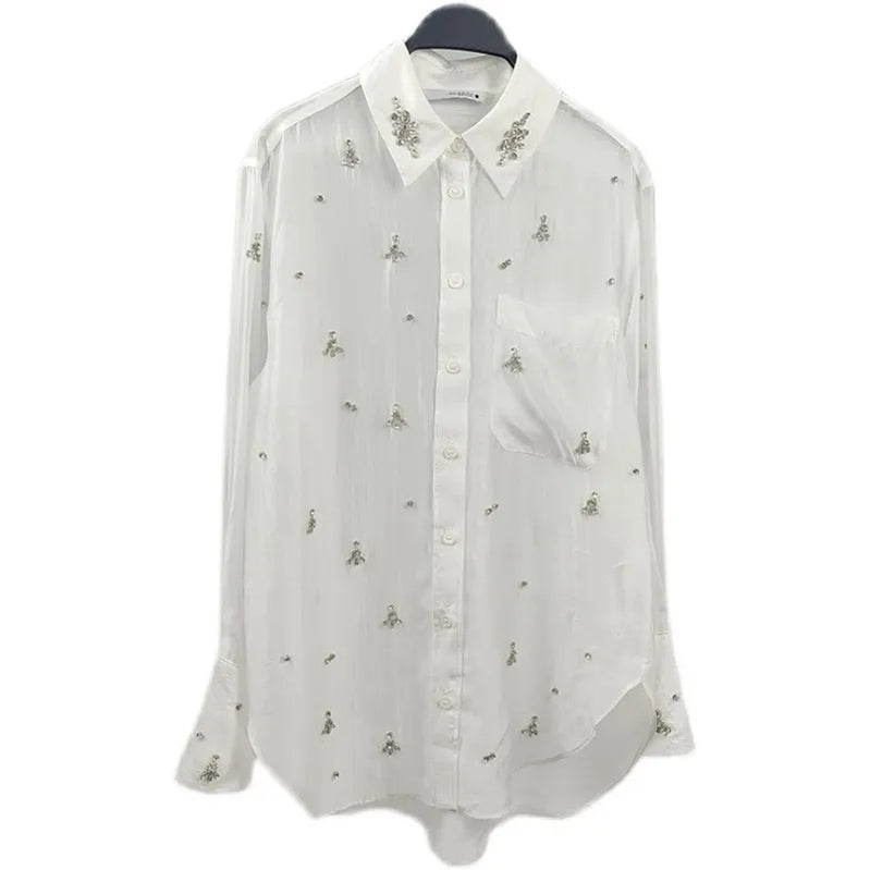 [EWQ] Rhinestone Decoration White Shirt Women Single Breasted Long Sleeve Perspective Office Lady Blusas 2023 Autumn Winter Top