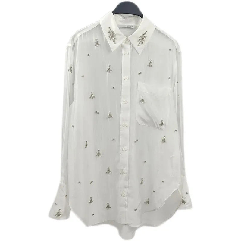 [EWQ] Rhinestone Decoration White Shirt Women Single Breasted Long Sleeve Perspective Office Lady Blusas 2023 Autumn Winter Top