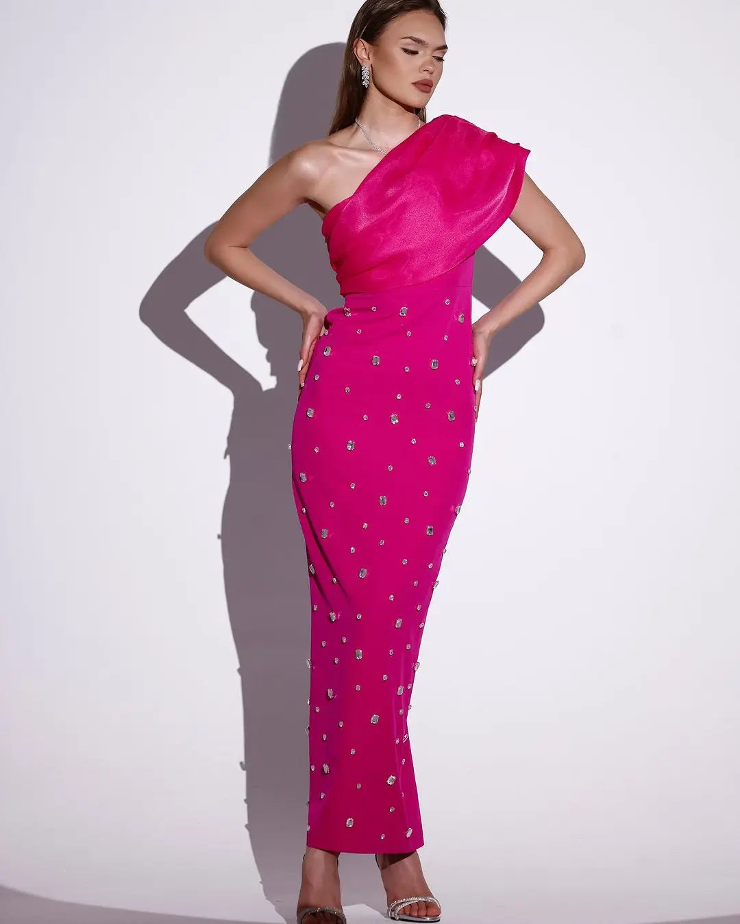 Rosered Black Color Women Sexy One Shoulder Shinning Crystal Bodycon Bandage Long Dress Celebrate Fashion Evening Party Outfit