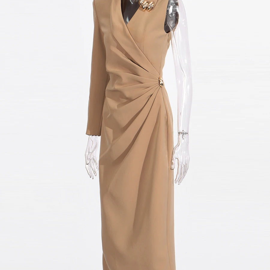 TWOTWINSTYLE Solid Slimming Spliced Folds Irregular Dresses for Women V Neck Long Sleeves Temperament Dress Female Fashion New