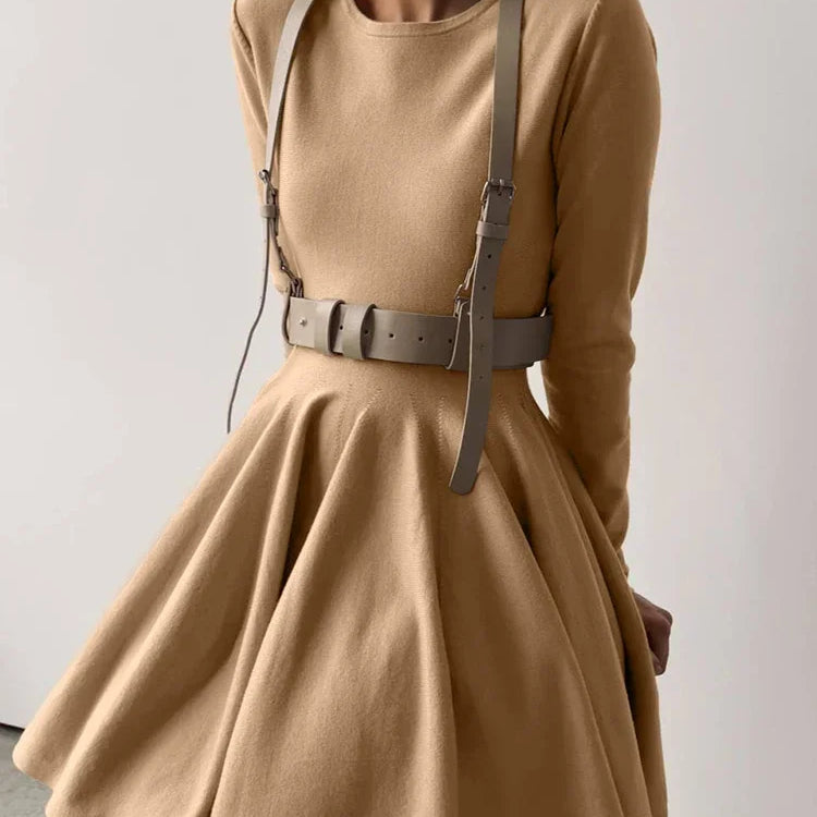 Elegant Solid Knit Dress Women Autumn Winter Casual Long Sleeve A-line Evening Dresses Female Korean Sexy Mini Dress Khaki(No belt)