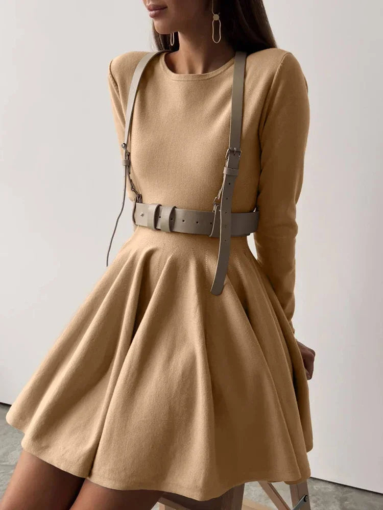 Elegant Solid Knit Dress Women Autumn Winter Casual Long Sleeve A-line Evening Dresses Female Korean Sexy Mini Dress Khaki(No belt)