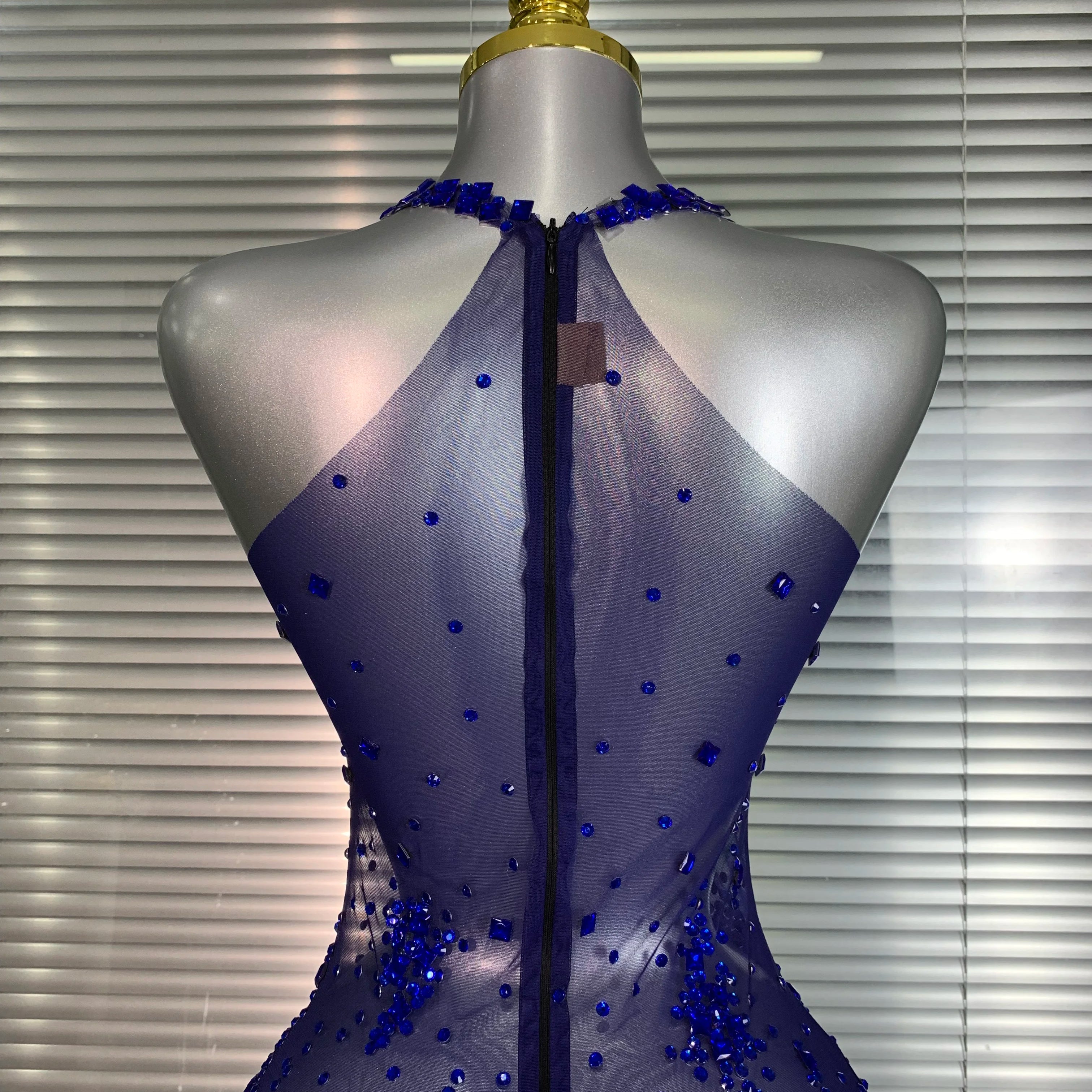 Summer 2025 Women Sexy Mesh Crystal Diamonds Blue Performance Costume Stage Dancer See Through Stretchy Night Club Party Dress