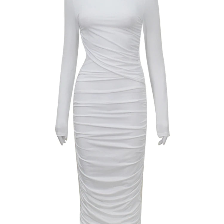 Solid Casual Sexy Women's Dresses Fashion Hollow O-Neck Long Sleeve Streetwear Slim Skinny Bodycon Vestidos Robes Female