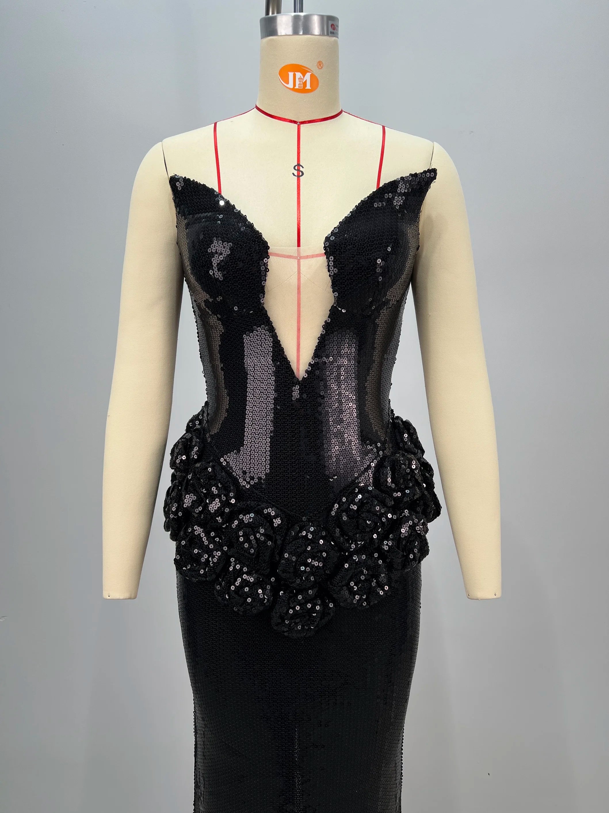 Luxury Haute Couture Sexy V-Neck Black Shining Sequins Floor Length Dress Woman Birthday Party Dress Red Carpet Goddess Vestido